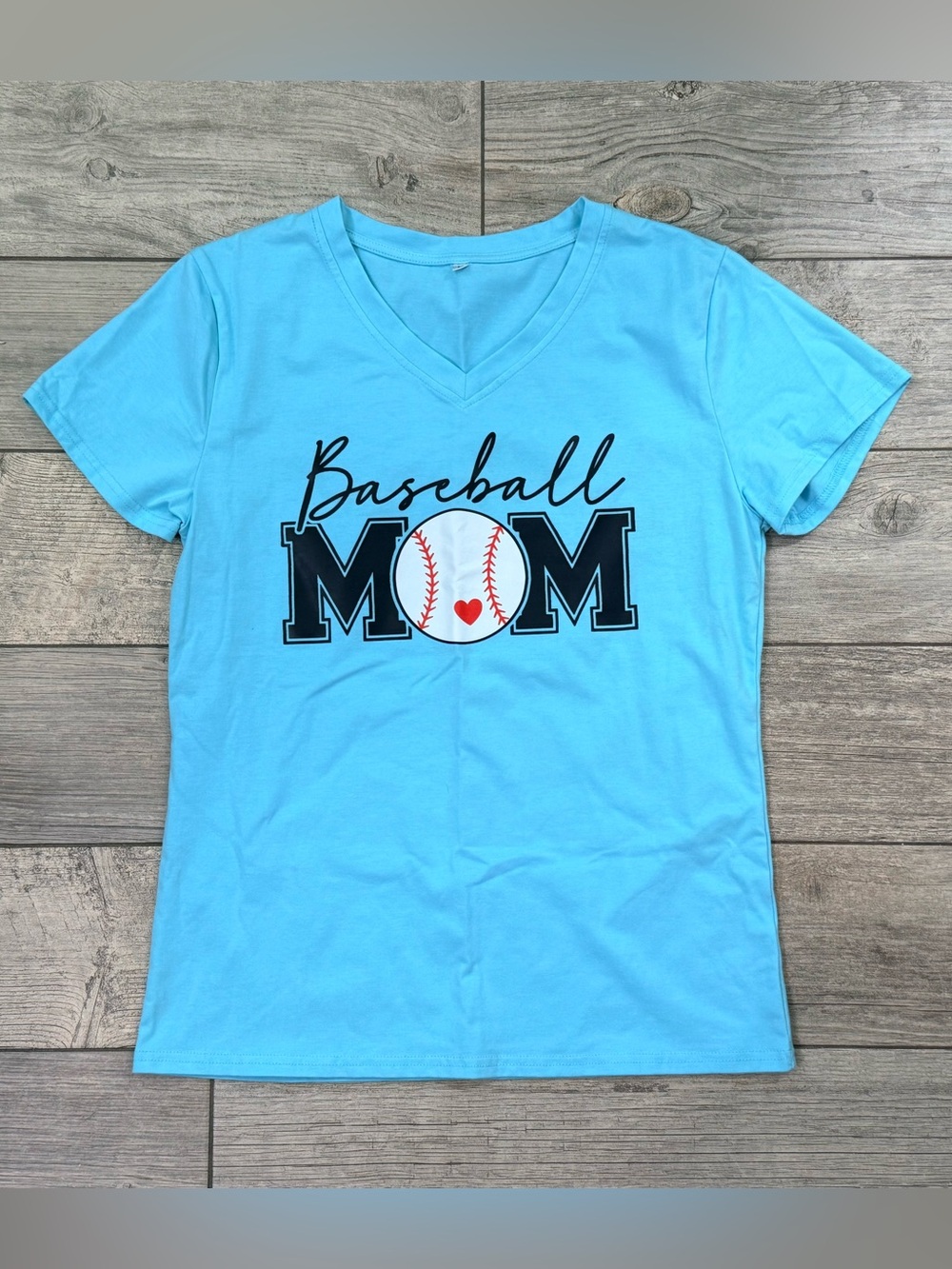 Baseball Mom Short Sleeve V-Neck Tee - Light Blue